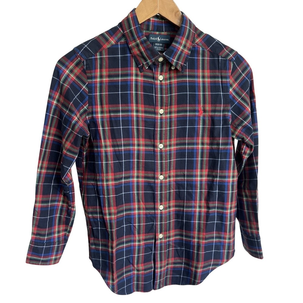 Ralph Lauren Classic Plaid Button Down Preppy Pony Polo Shirt Boys Medium 10-12